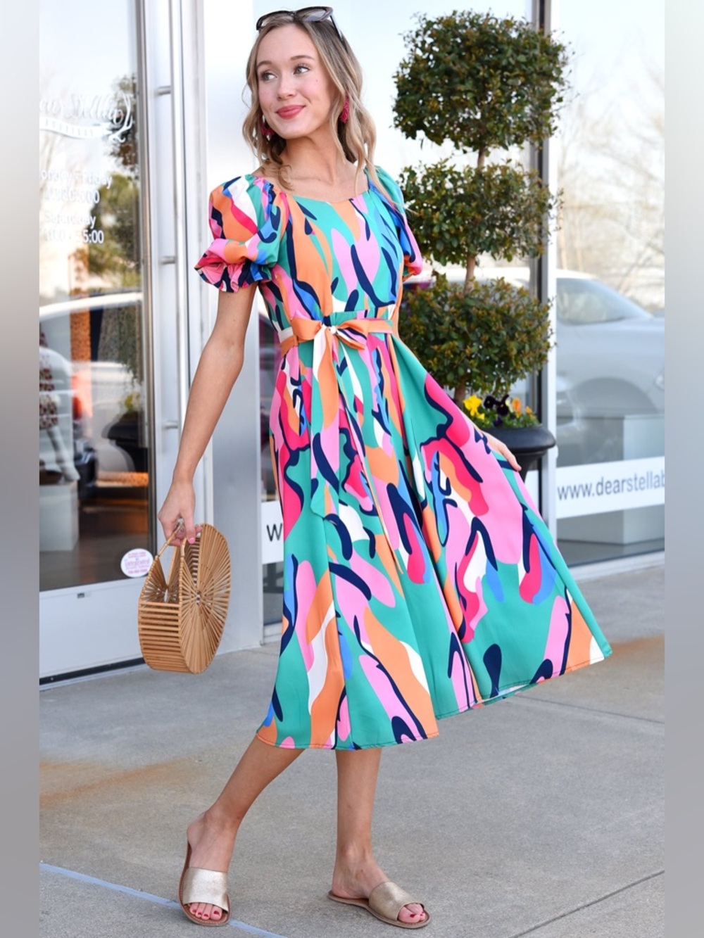 Sunday Up Multicolor Abstract Midi Dress Size Large Puff Sleeve Summer Tea Dress - Picture 14 of 15